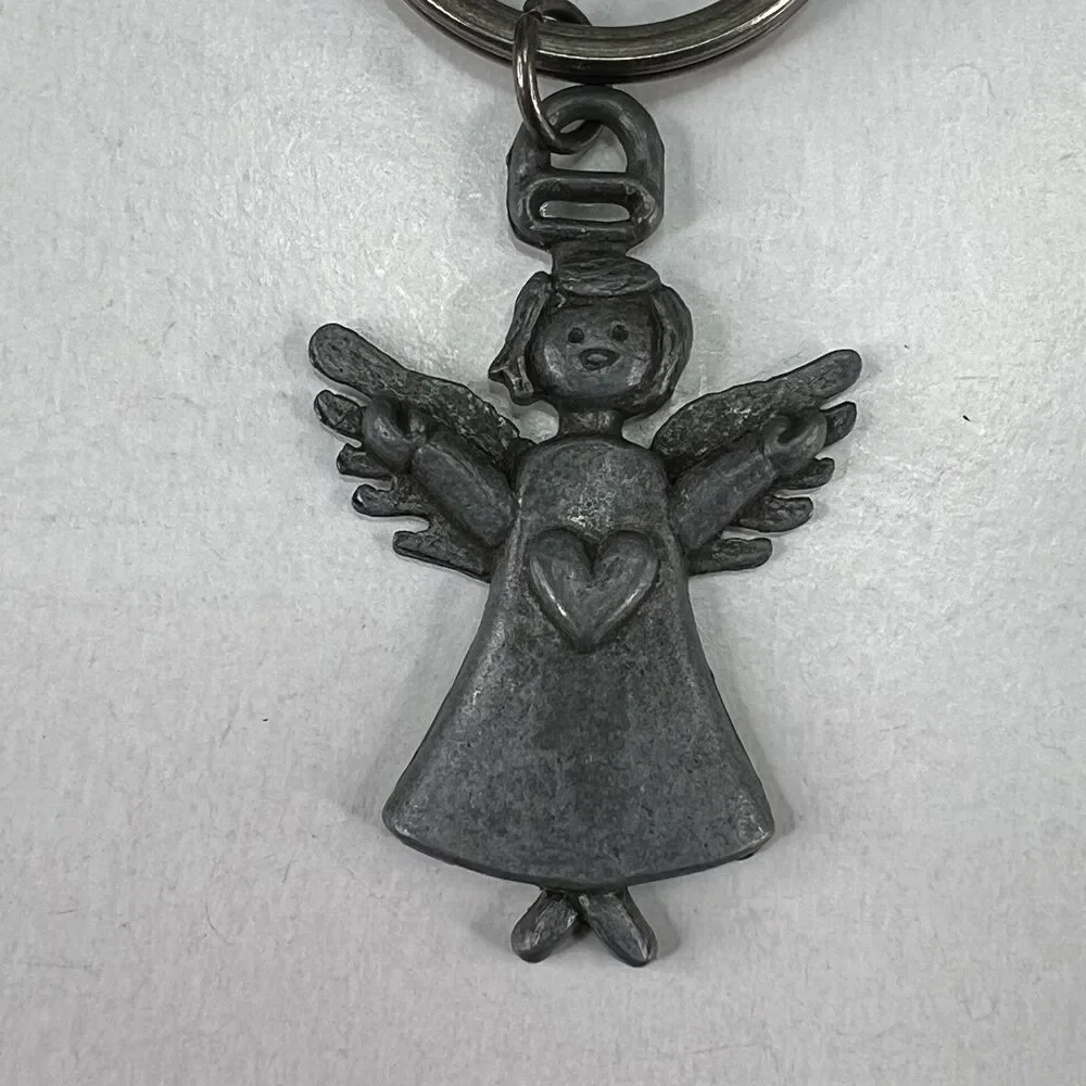 Vintage Silver Pewter Guardian Angel Keychain Heart Filigree Religious Gift